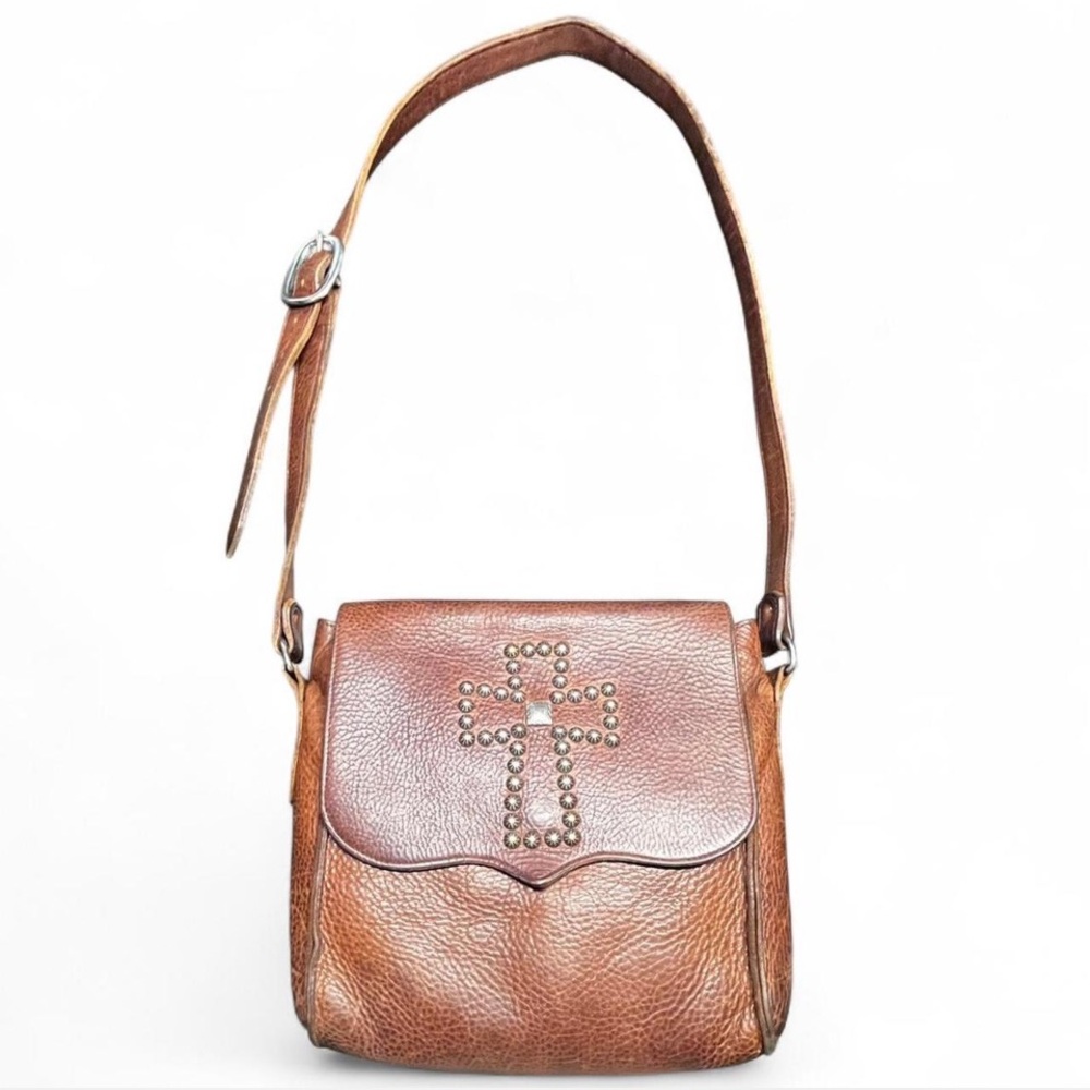RARE Vintage Two Bar West Brown leather crossbody bag with silver studded cross